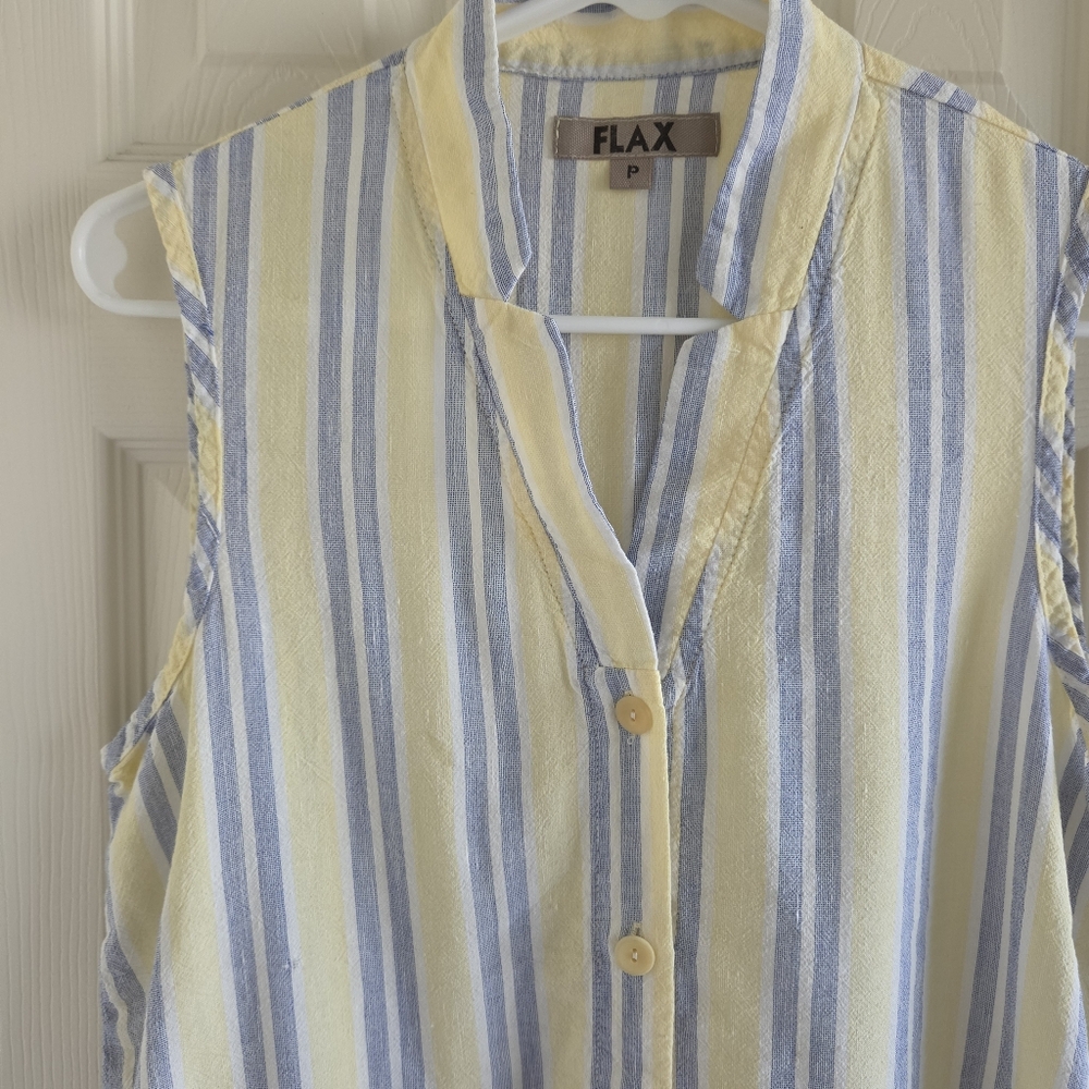 FLAX Viscose‎ Linen Blend Sleeveless Striped Shirt Butter Yellow Blue Size Small - Picture 3 of 7